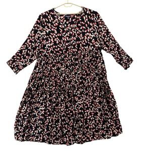 Roamans Maxi Dress Black Pink Printed Long Sleeve Pullover Size 18W